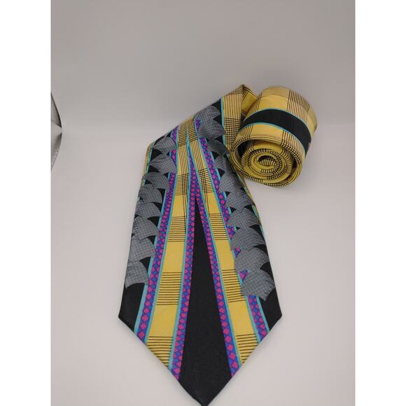 Vintage Luciano Gatti Men’s Abstract Tie 100% Silk Italian Yelllow Unique - Picture 5 of 11